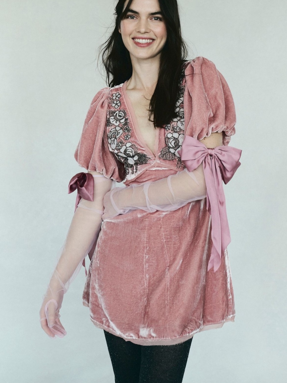 Free People Dusty Rose Velvet Mini Dress with Embroidered V-Neck